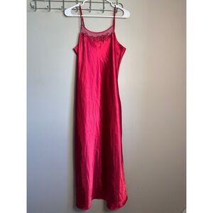 Premiere Collection Red Satin Nightgown M Embroidered Mesh Trim Maxi Slip Dress